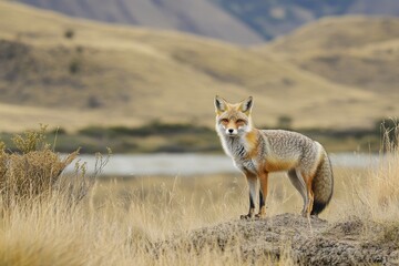 Fototapeta premium Patagonian Grey Fox: A Vigilant Mammal of Argentina's Wilderness