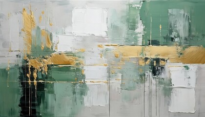 modern abstract oil painting with textured gold accents on green and white background, luxury wall art for elegant interiors

