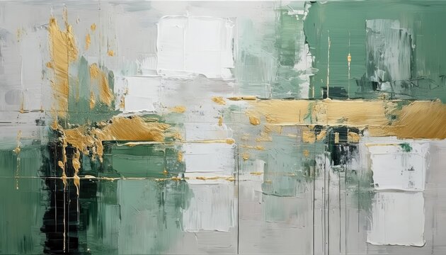 Fototapeta modern abstract oil painting with textured gold accents on green and white background, luxury wall art for elegant interiors  