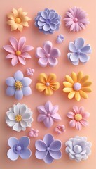 Pastel Colored 3D Flower Icons in Clay Material Design Style with Cute Cartoon Shapes
