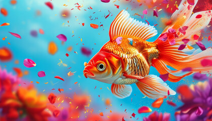 Fototapeta premium Holi Festival of Colours Animal Concept, Spring Holi bloom, Goldfish nestled amidst colourful flower petals and splashes of vibrant powder blue skies and drifting festive colours, Indian Hinduism
