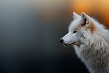 Obraz premium Majestic Arctic Wolf Portrait Against Blurred Background with Warm Tones of Sunset or Sunrise Light