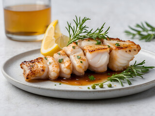 A perfectly grilled piece of monkfish, its golden-brown exterior glistening with a slight char, resting elegantly against a pristine white background.
