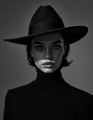 A striking high-fashion editorial portrait featuring a model in a black and white composition with bold red makeup. The dramatic lighting and avant-garde aesthetic create a powerful artistic statement