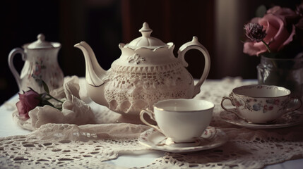 Fototapeta premium vintage-tea-set-lace-tablecloth