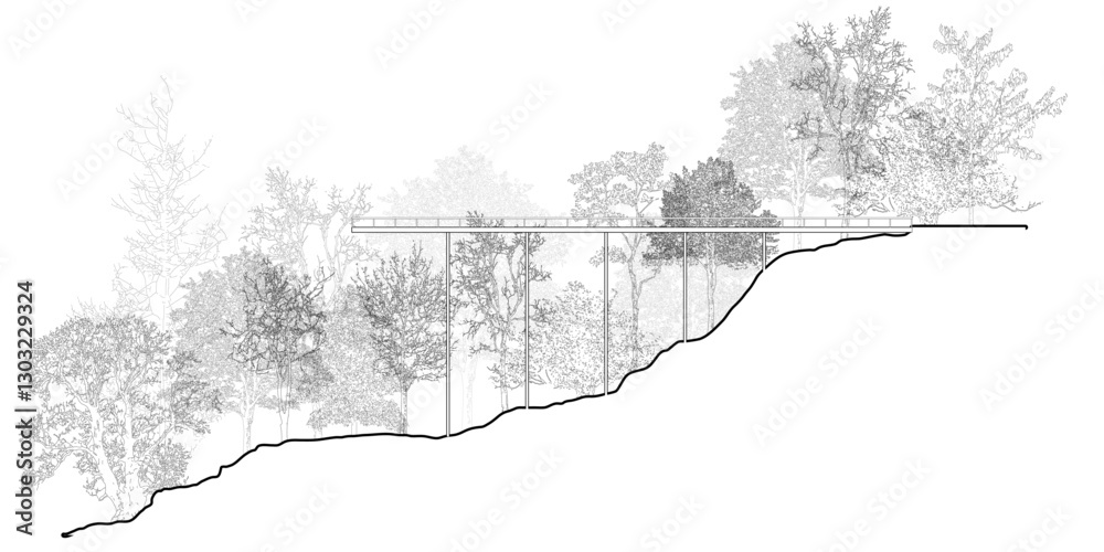 Poster Architectural Drawings, Minimal style cad tree line drawing, Side view, set of section wetland forest outline for landscape design drawing. Vector illustration in seperate element