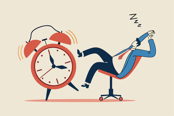 Afternoon slump, laziness and procrastination postpone work to do later, boredom and sleepy work concept, businessman sleeping lay down on office chair and alarm clock covered his face with book.