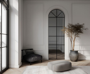 Aesthetic elegant minimalist modern interior design. Clear mock up empty wall for decoration in the apartment. Copy space in the room
