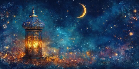 Naklejka premium A Beautiful Night Sky with a Lantern and the Moon Illuminating a Starry Scene