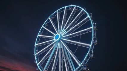 A Ferris wheel with LED lights shining brightly at dusk, night, evening, shine bright