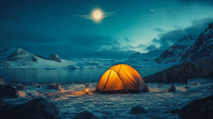 Scenic winter camping landscape with illuminated tent under a full moon night sky icy snow cold dark