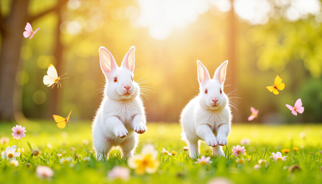 Playful bunnies hopping in sunlit field with dancing butterflies, spring joy