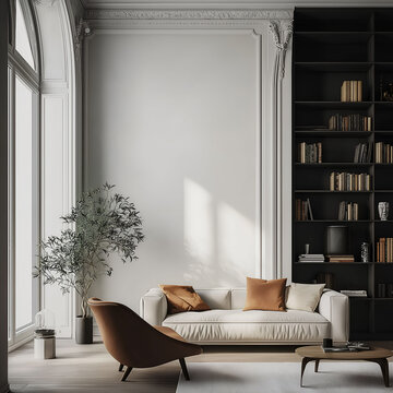 Aesthetic elegant minimalist modern interior design. Clear mock up empty wall for decoration in the apartment. Copy space in the room