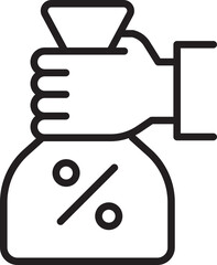 Hand holding money bag with percentage symbol line icon