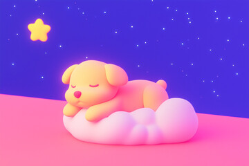 Cute puppy smooth sleeping on a cloud in space, 3d render