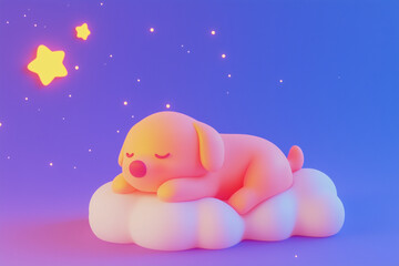 Cute puppy smooth sleeping on a cloud in space, 3d render