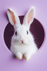 Fototapeta premium This adorable close-up photograph captures a fluffy white rabbit playfully peeking through a circular cutout in a lavender background. 