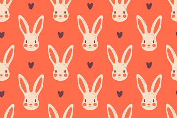 A seamless pattern featuring cute bunny faces with hearts on a coral background. Great for Easter decorations, textiles, and children's prints.