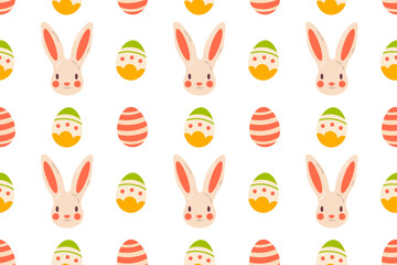 A seamless pattern featuring bunny faces, colorful Easter eggs, and chick faces on a white background. Ideal for festive designs and spring projects.