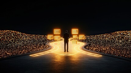 Decision-making frameworks for better leadership outcomes illustrated as a business leader standing at a decision crossroad, analyzing different strategic paths with digital data overlays.