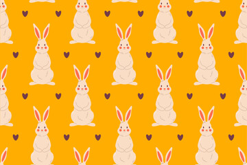 Easter pattern featuring bunnies on a rich orange background with hearts. Perfect for festive decorations.