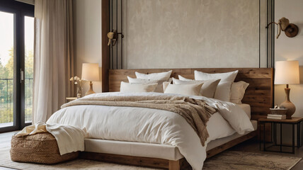 This bedroom exudes a warm and inviting atmosphere. The large bed with a wooden headboard is dressed in white linens and complemented by a beige throw blanket. 