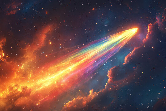 A bright flying object in the form of a comet or meteor in space. Generated by artificial intelligence