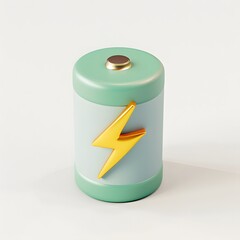 Fototapeta premium Vibrant Green 3D Battery Icon with Lightning Bolt on White Background