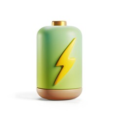 Vibrant Green 3D Battery Icon with Yellow Lightning Bolt on White Background