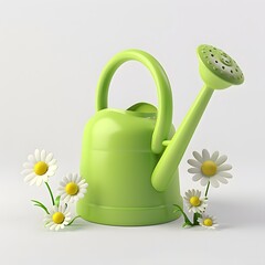 Obraz premium Vibrant Green Watering Can Irrigating Blooming Flowers on White Background