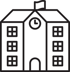 School building illustration with clock and flag line icon
