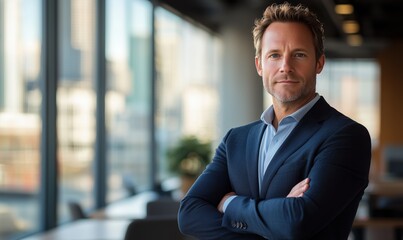 Fototapeta premium Confident Businessman Standing in Modern Office Environment