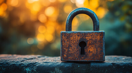 A glowing digital lock icon overlays a futuristic circuit board, symbolizing virtual security, data protection, and encrypted internet safety in a modern, high-tech environment