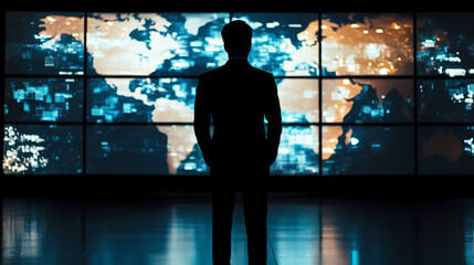 Fototapeta premium Strategic Insight: Silhouette of a person, against a large screen displaying world maps, symbolizing leadership and global strategy. 