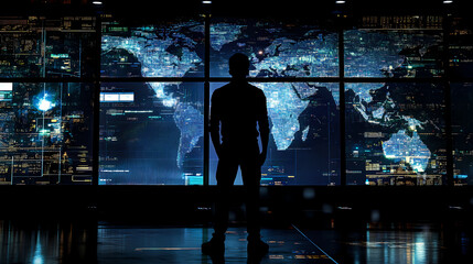 Fototapeta premium Guardian of Global Networks: A silhouette of an individual, bathed in an atmosphere of technological prowess and global connectivity.