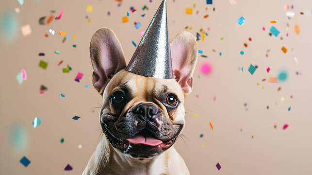 Cheerful french bulldog wearing celebratory headwear amidst a flurry of colorful confetti