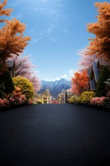 Serene Autumn Landscape with Colorful Trees and Charming Houses Against a Clear Blue Sky in the Mountains