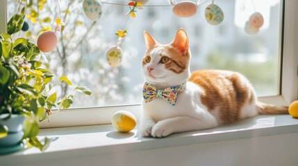Cute orange and white domestic cat with green eyes, wearing a collar, relaxing in a cozy home interior with natural light, window view, houseplant, and pet decor on a sunny day.