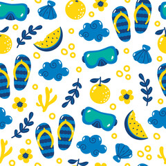 Summer Fun Seamless Pattern Featuring Beach Themed Illustrations