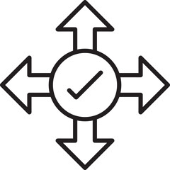 Directional arrows with a checkmark symbol line icon