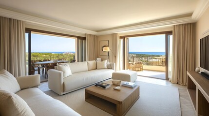 Fototapeta premium Luxurious beachfront living room with ocean view.