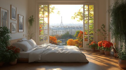 cozy bedroom interior with a large window and a view on paris in the morning
