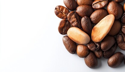 Naklejka premium Freshly Roasted Coffee Beans and Lightly Roasted Nuts on a White Background Perfect for Food Photography