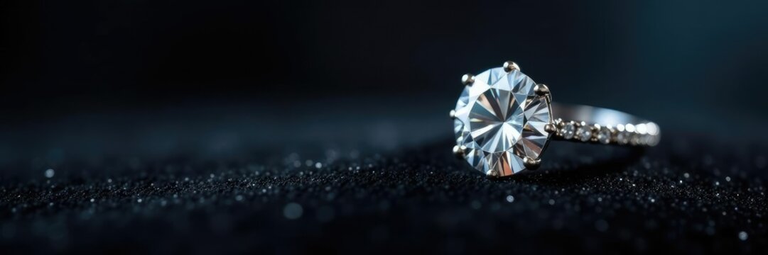 Diamond ring on black velvet with subtle sparkle effect, velvet, texture