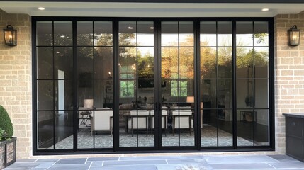 Spacious glass doors frame a beautifully designed living room, allowing sunlight to stream in. The room features elegant furniture and a serene atmosphere, blending indoor and outdoor spaces