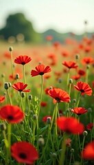 Obraz premium Field of tall wildflowers swaying gently in the breeze, wind, red, bloom