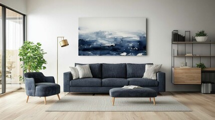 A well-designed living area showcases a navy blue couch paired with a matching chair and a contemporary coffee table. Natural light fills the space, highlighting the artwork and greenery