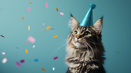Majestic feline in a festive mood celebrating with an enchanting blue party hat and confetti