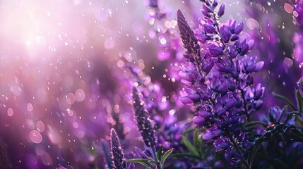 Fototapeta premium Purple flowers bloom vividly in a lush garden, illuminated by sunlight filtering through raindrops. The wet petals shimmer, creating a tranquil atmosphere filled with color and beauty