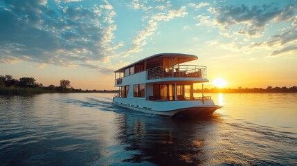 Luxury houseboat cruising on calm river at sunset.
